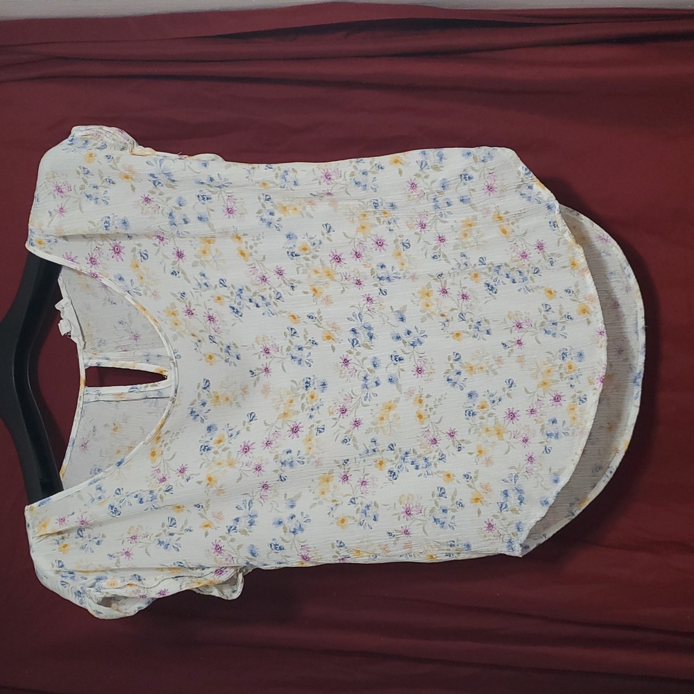 Pink Rose Floral Blouse with Blue, Pink and Yellow Accents
